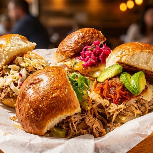 Four gourmet pulled pork sandwiches with various toppings on a wooden tray in a restaurant setting.
