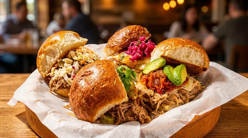 Four gourmet pulled pork sandwiches with various toppings on a wooden tray in a restaurant setting.