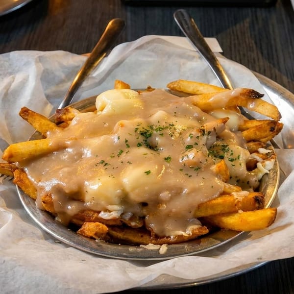 Close-up of a metal bowl filled with golden fries, cheese curds, and gravy, garnished with parsley.