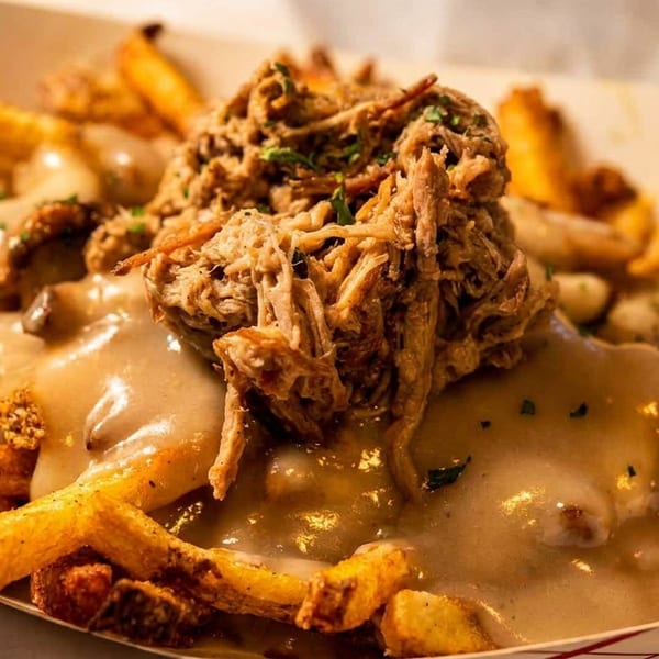 Close-up of crispy french fries topped with savory gravy and shredded pulled pork in a paper tray.