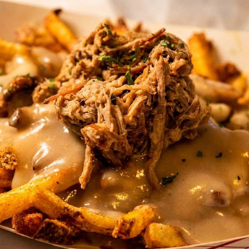 Close-up of crispy french fries topped with savory gravy and shredded pulled pork in a paper tray.