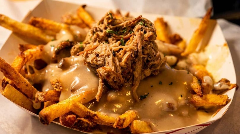 Close-up of crispy french fries topped with savory gravy and shredded pulled pork in a paper tray.