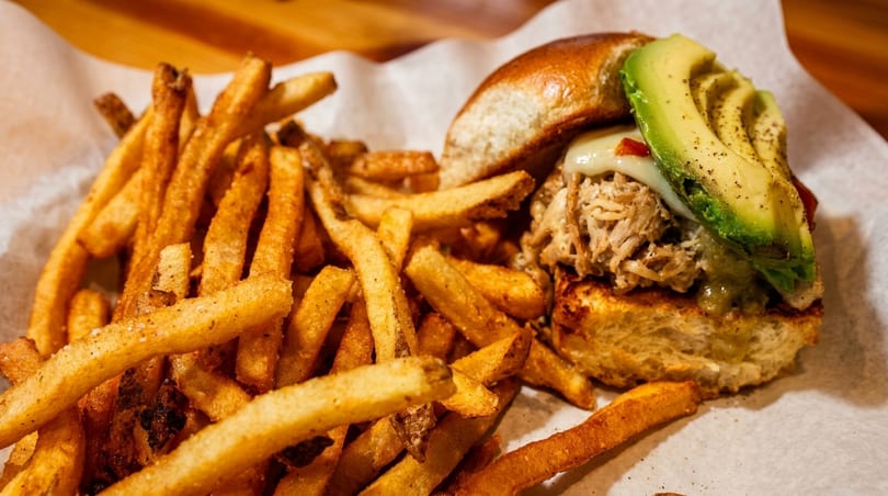Pulled pork sandwich with avocado and melted cheese, served with a side of golden french fries.