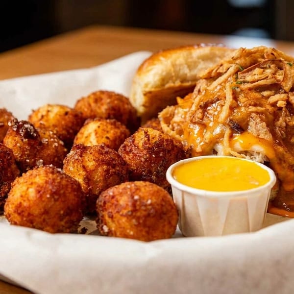 A basket of crispy fried cheese curds, a burger with fried onions and sauce, and a side of dipping sauce.