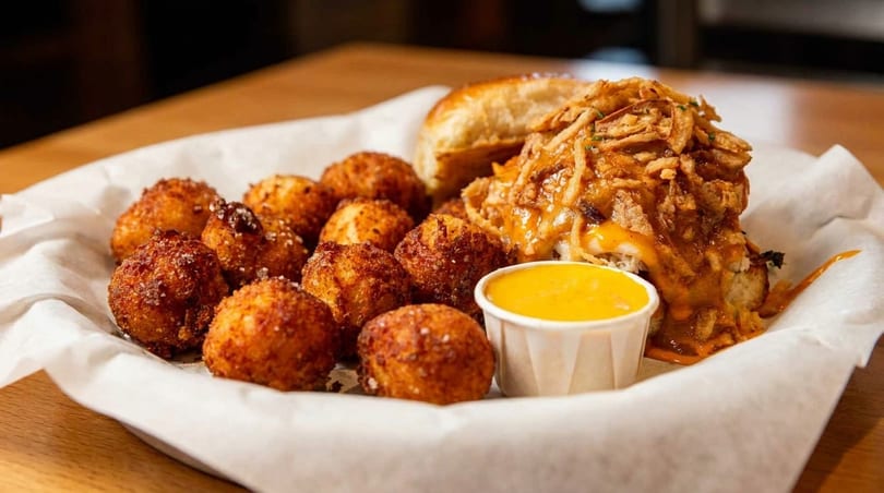 A basket of crispy fried cheese curds, a burger with fried onions and sauce, and a side of dipping sauce.